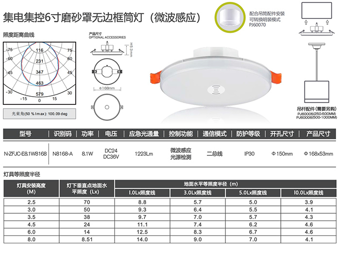 集電集控6寸磨砂無(wú)邊框筒燈（微波感應(yīng)）詳情