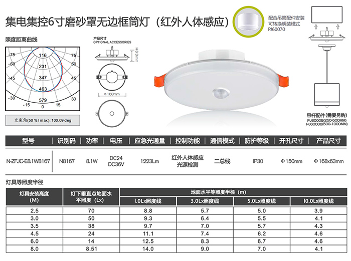 集電集控6寸磨砂罩無邊框筒燈（紅外人體感應(yīng)）詳情