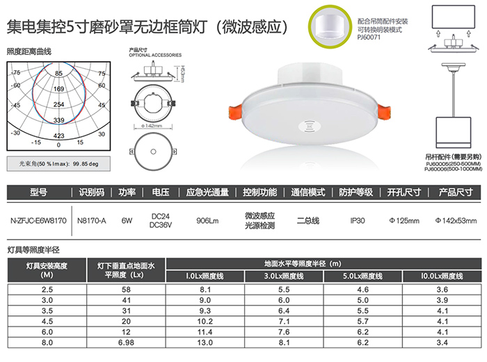 集電集控5寸磨砂罩無(wú)邊框筒燈（微波感應(yīng)）詳情