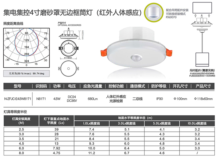 集電集控4寸磨砂罩無邊框筒燈（紅外人體感應(yīng)）詳情