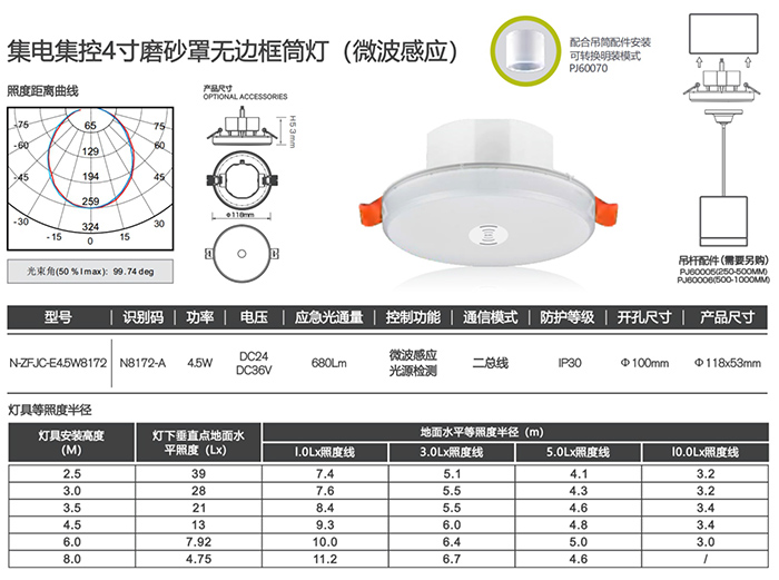 集電集控4寸磨砂罩無邊框筒燈（微波感應(yīng)）詳情